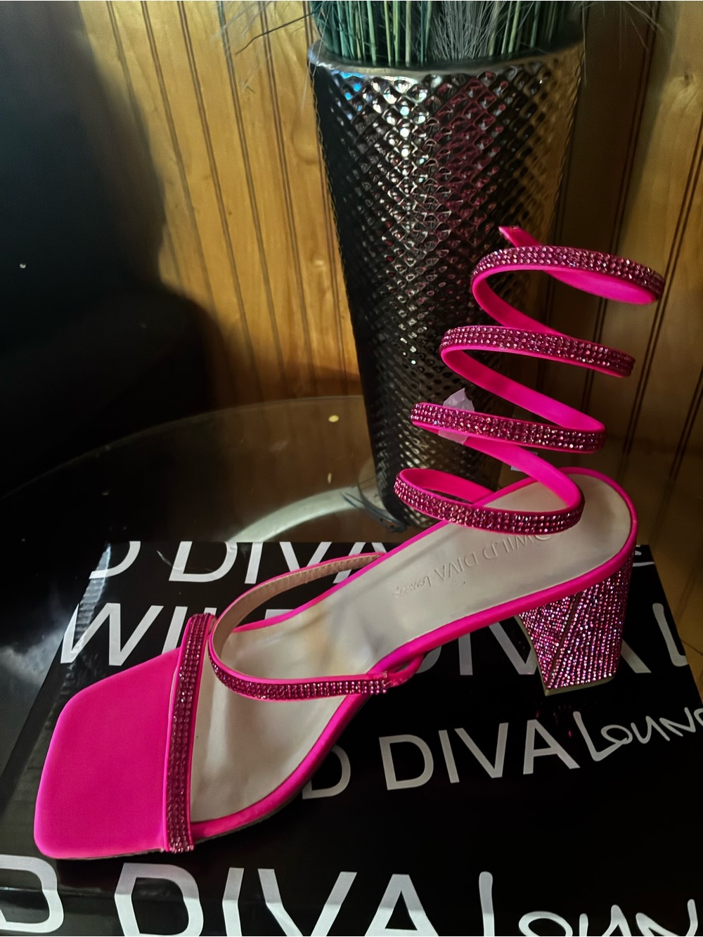 Fashion Nova Hot Pink Rhinestone Spiral Strap Block Heel Sandals